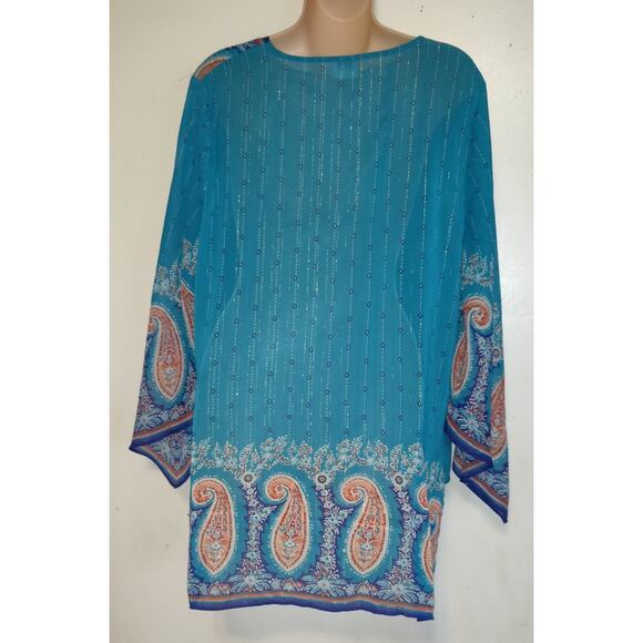 Chicos Caftan Sheer Top Womens Large Turquoise Beaded Boho Flowy Hi Low Shimmery - Picture 4 of 16